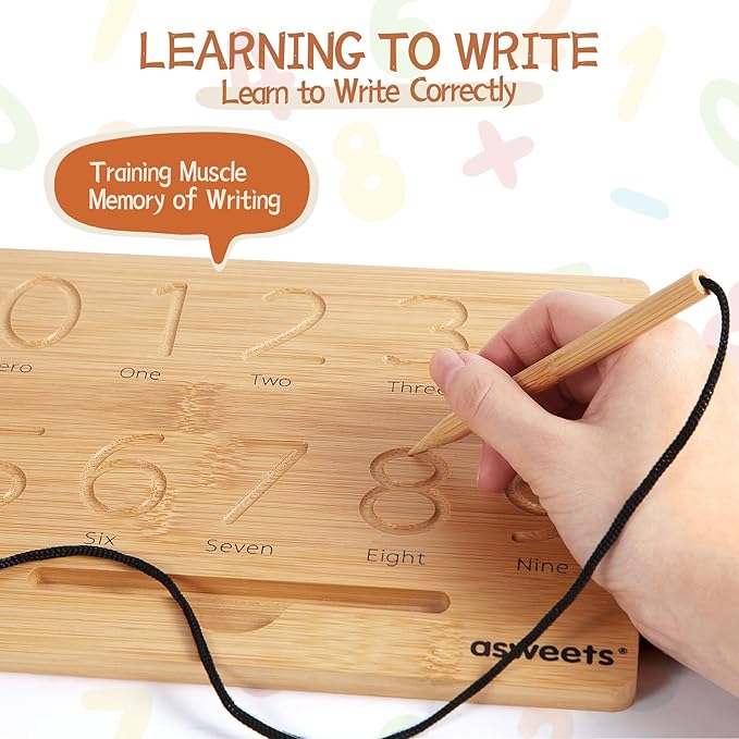 Asweets Montessori Wooden Number Practicing Board, Double-Sided Tracing Board and Shape RecognitionTool to Writing 123 Educational Toy Game for Preschool 3 4 5 Years Old Gifts-CubbioJoy