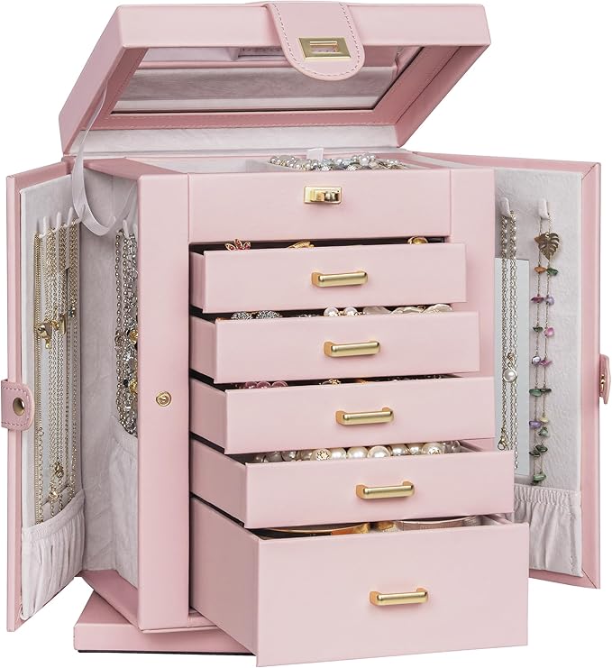 AKOZLIN 360° Rotating Jewelry Box 6-Tier Organizer Functional Jewelry Storage Case for Women Girls Ring Necklace Earring Bracelet Holder with Mirror Pink-CubbioJoy