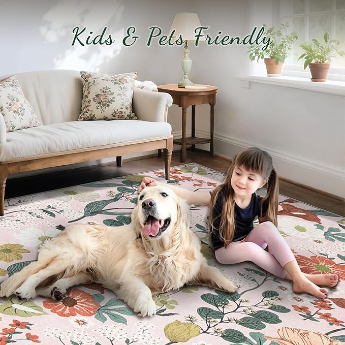 9x12 Area Rug for Living Room: Vintage Floral Washable Rug Soft Boho Non Slip Carpet Large Indoor Floor Non Shedding Low Pile Thin Carpets for Bedroom Dining Room Farmhouse Nursery Home Light Pink-CubbioJoy