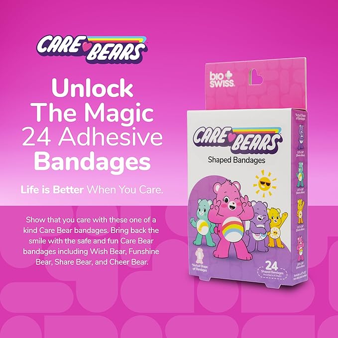 BioSwiss Care Bears Bandages, Unlock The Magic Care Bear Shaped Self Adhesive Bandage, Latex Free Sterile Wound Care, Fun First Aid Kit Supplies for Kids, 24 Count-CubbioJoy