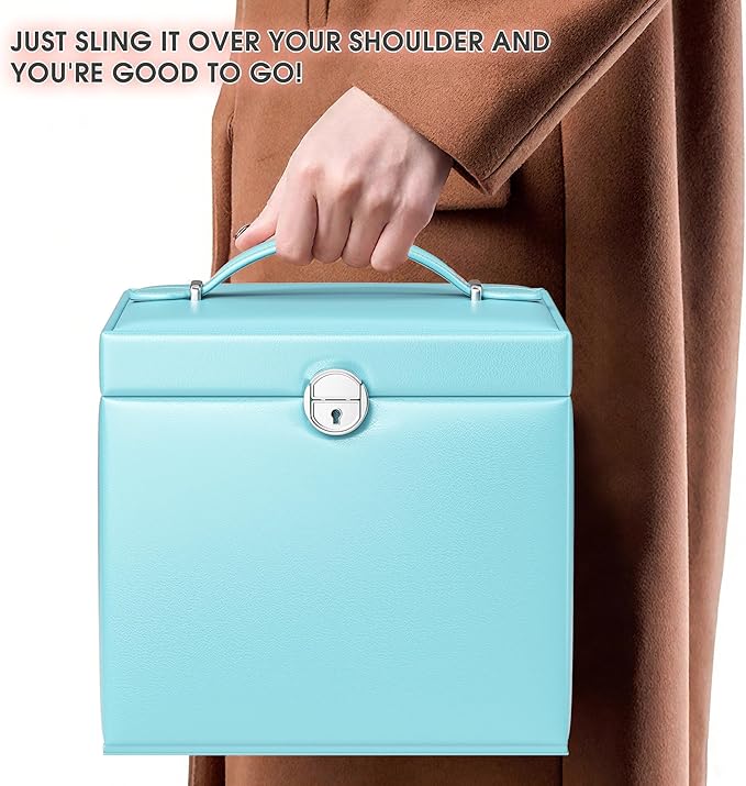 5-Layer Jewelry Box with 4 Drawers, Huge Portable Jewelry Organizer with Lock and Mirror for Women, for Necklace Ring Earring Bracelet Storage, Lockable Jewelry Case, Blue-CubbioJoy