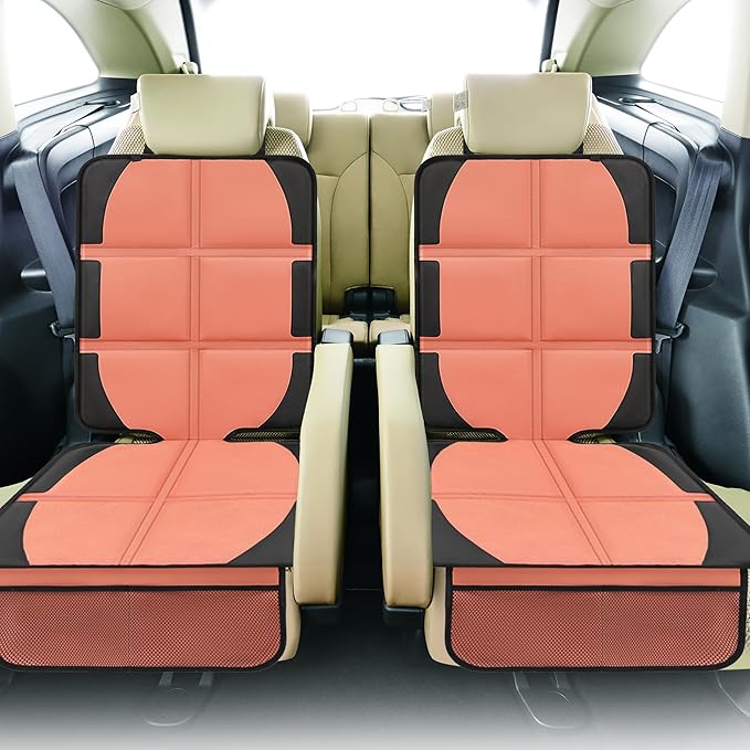 Car Seat Protector for Child, 2 Pack Covers with Mesh Pockets & Non-Slip Backing, 600D Durable Under Seat for Back (Orange, Large)-CubbioJoy