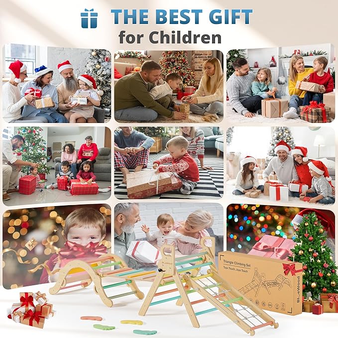 BlueWood 10-in-1 Pikler Triangle Set, Toddler Climbing Toys Indoor, Montessori Climber, Baby Jungle Gyms with Arch, Extra Rope Ladder & Footprint Balance Beam - Rose Garden-CubbioJoy