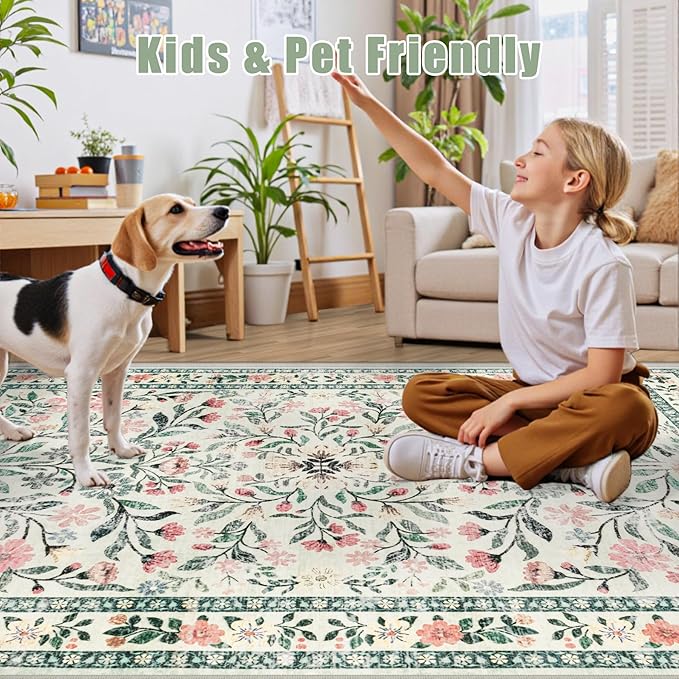 6x9 Area Rugs for Living Room: Floral Washable Rug Vintage Large Soft Boho Non-Slip Carpet Indoor Stain Resistant Thin Carpets for Bedroom Dining Room Farmhouse Nursery Hallway Home Office Green Beige-CubbioJoy