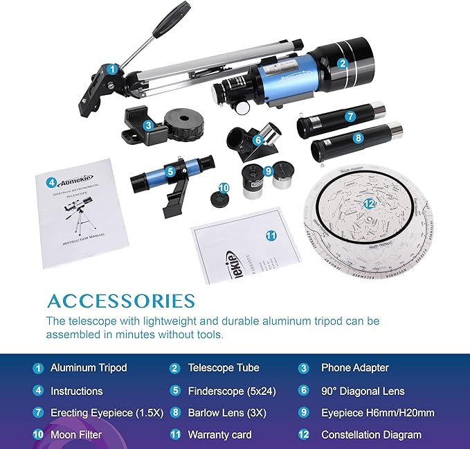 AOMEKIE Telescopes,70mm Aperture 300mm Table Tripod, Astronomical for Beginners,2 Eyepieces 150X with Smartphone Adapter Moon Filter 3X Barlow-CubbioJoy