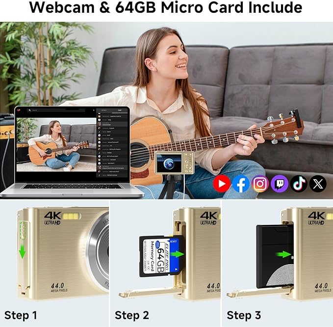 Digital Camera, FHD 4K Digital Camera with 64GB SD Card, 44MP Digital Point and Shoot Camera, 16X Digital Zoom, Anti Shake, 3-LED Fill Lights, Compact Camera for Kids Teen Boys Girls, Gold-CubbioJoy