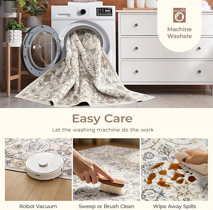 9x12 Neutral Area Rug for Living Room, Washable Large Rugs, Vintage Floral Soft Carpet, Non Slip & Low Pile, Wool Carpets for Indoor Bedroom Dining Home Playroom Office Under Table, Beige-CubbioJoy