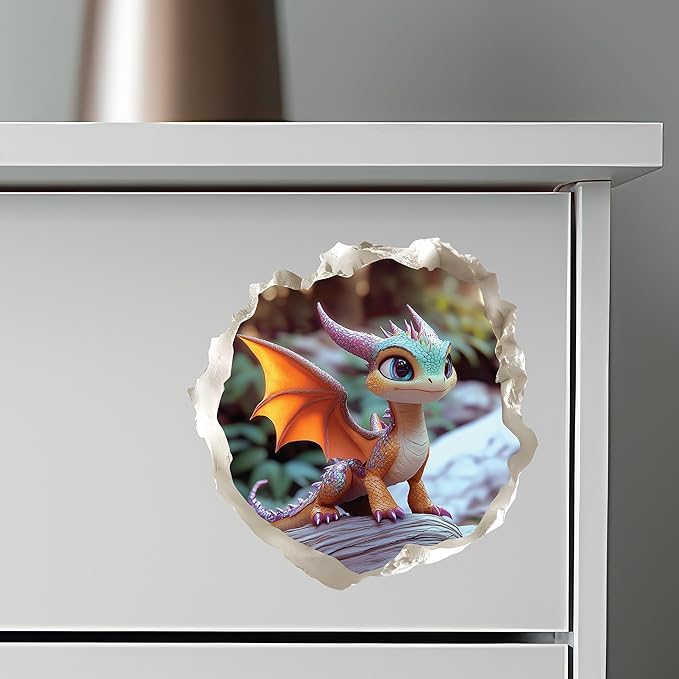 Baby Dragon 3D Wall Decal – Cute Fantasy Sticker with Torn Wall Effect – 4.7W x 4.5H inches-CubbioJoy