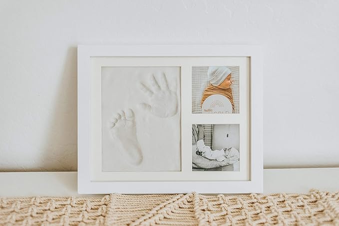 Baby Hand & Footprint Frame Keepsake Kit | Capture Milestone Moments with Safe Clay, Stencil Set & Wood Frame | Perfect Newborn Gift for Baby Showers | White-CubbioJoy