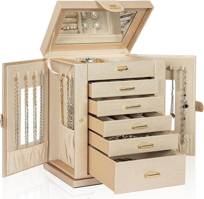 AKOZLIN Jewelry Box 6-Tier Organizer Functional 360° Rotating Jewelry Storage Case for Women Girls Ring Necklace Earring Bracelet Holder with Mirror-CubbioJoy