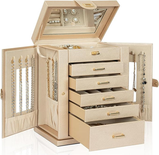 AKOZLIN Jewelry Box 6-Tier Organizer Functional 360° Rotating Jewelry Storage Case for Women Girls Ring Necklace Earring Bracelet Holder with Mirror-CubbioJoy