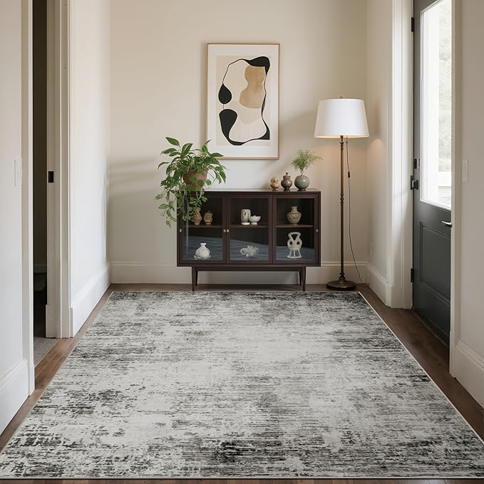Area Rug 9x12 Washable Rugs: Abstract Large Living Room Rugs with Non-Slip Backing, Stain Resistant Indoor Floor Carpet for Bedroom Dining Room Table Nursery Hallway Home Office-Black/Gray-CubbioJoy