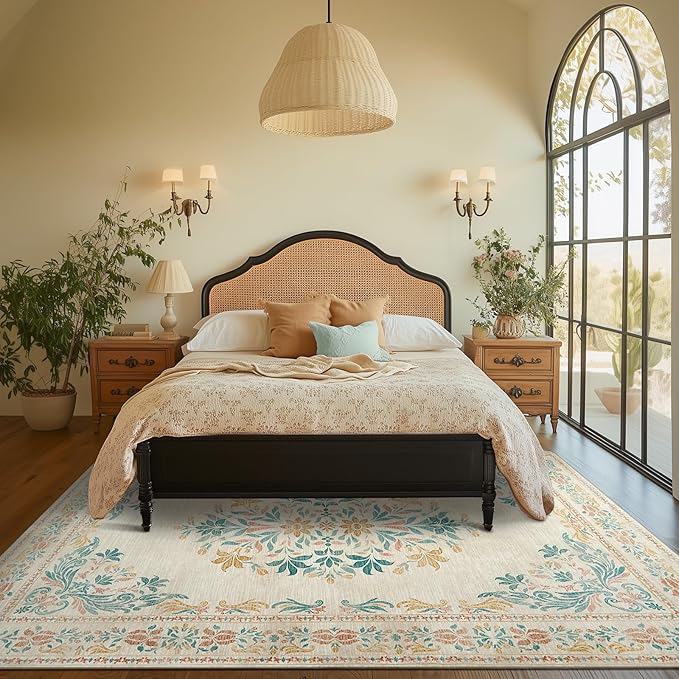 jinchan Vintage Floral 8x10 Area Rugs for Living Room - Machine Washable Distressed Design Soft Throw Rug Thin Non-Slip Large Carpet for Bedroom Nursery Dining Room Home Office(8x10ft,Apricot)-CubbioJoy