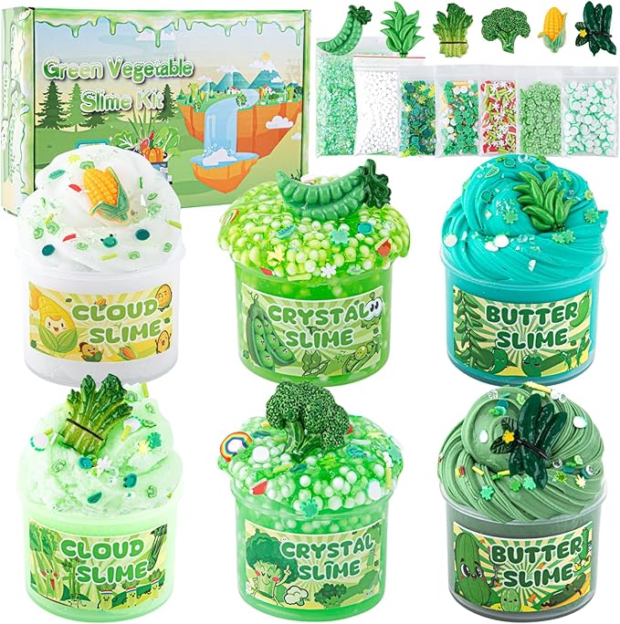 6 Packs Gradient Green Slime Kit - Cloud Butter Clear Slime, Crunchy Slimes for Kids with Various Slime Add-ins, Non Sticky Slimes Party Favors for Girls and Boys-CubbioJoy