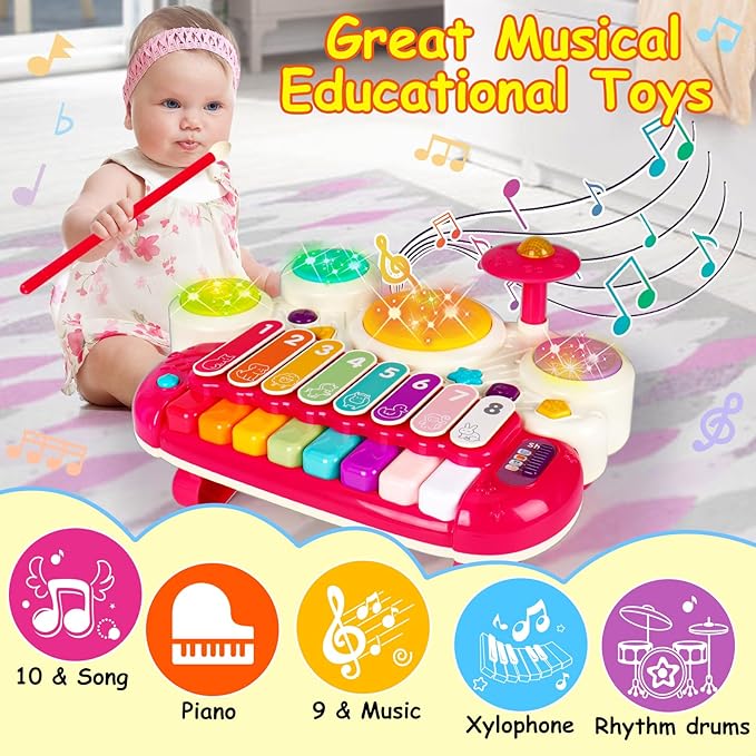3 in 1 Musical Toys for Toddlers 1-3 Piano Xylophone Drum Set Toys for 1 2 3 Year Old Girls Birthday Music Instruments Baby Learning Developmental Sensory Toys Toddler Toys Age 1-2 2-3-CubbioJoy