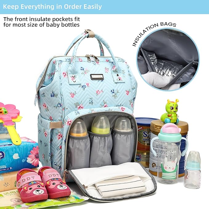 Diaper Bag Backpack for Women, Baby Bags for Girls,Diaper Bag with Changing Pad, and Insulated Pockets-Blue Flowers-CubbioJoy
