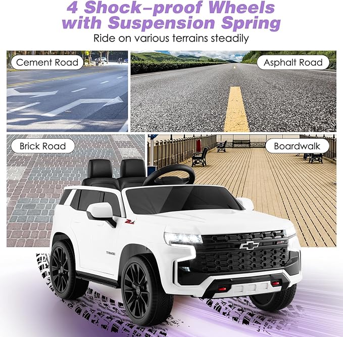 Costzon Ride on Car, 12V Licensed Chevrolet Tahoe Battery Powered Electric Vehicle w/ 2.4G Remote Control, High/Low Speed, Music, Lights, MP3/USB/FM, Spring Suspension, Electric SUV for Kids (White)-CubbioJoy