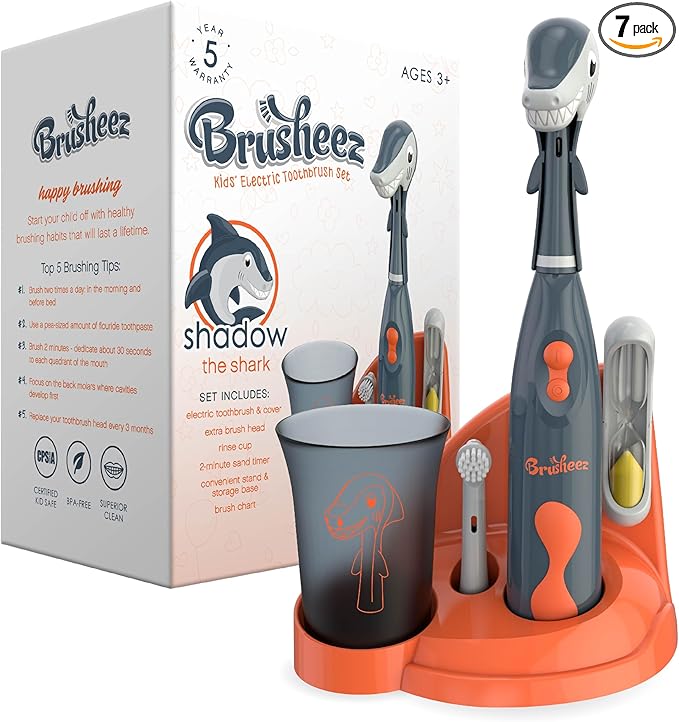 Brusheez Kids’ Electric Toothbrush Set - Safe & Effective for Ages 3+ - Parent Tested & Approved with Gentle Bristles, 2 Brush Heads, Rinse Cup, 2-Minute Timer, & Storage Base (Shadow The Shark)-CubbioJoy