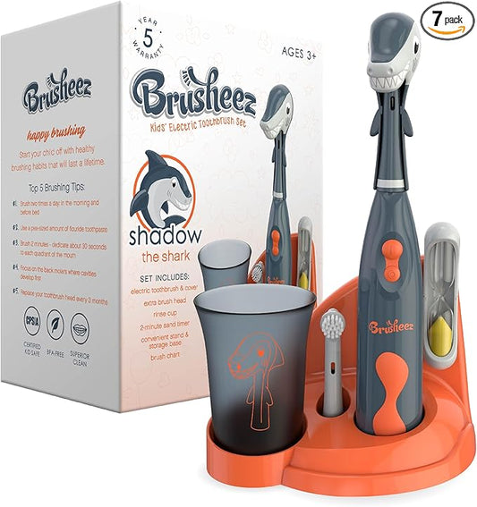 Brusheez Kids’ Electric Toothbrush Set - Safe & Effective for Ages 3+ - Parent Tested & Approved with Gentle Bristles, 2 Brush Heads, Rinse Cup, 2-Minute Timer, & Storage Base (Shadow The Shark)-CubbioJoy