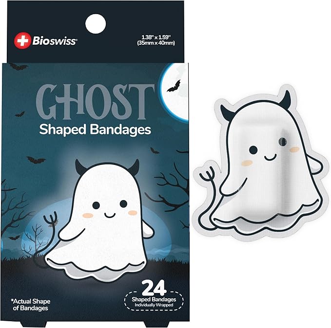 BioSwiss Bandages, Halloween Ghost Shaped Self Adhesive Bandage, Latex Free Sterile Wound Care, Fun First Aid Kit Supplies for Kids, 24 Count-CubbioJoy