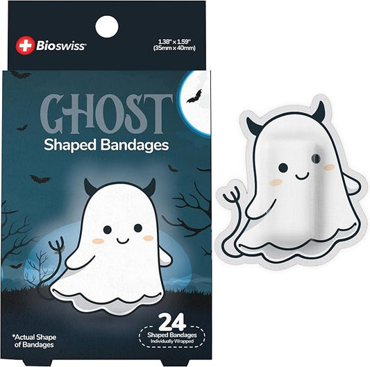 BioSwiss Bandages, Halloween Ghost Shaped Self Adhesive Bandage, Latex Free Sterile Wound Care, Fun First Aid Kit Supplies for Kids, 24 Count-CubbioJoy