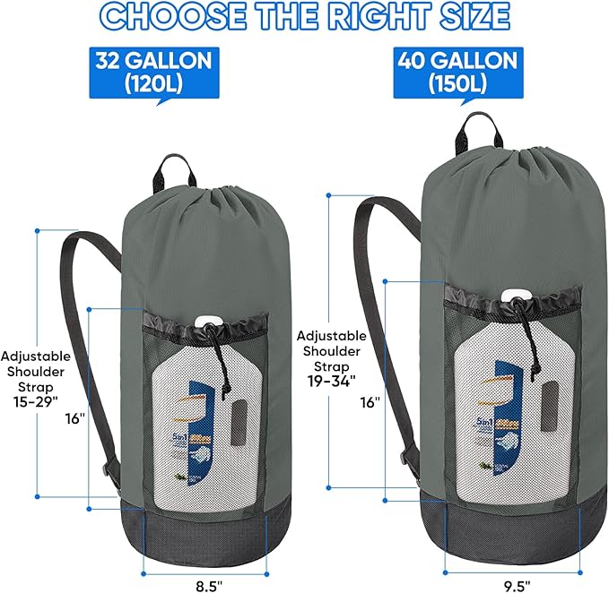 BALEINE 150L Laundry Bag Backpack, 900D Oxford Fabric Large Travel Laundry Bags with Shoulder Straps and 2 Mesh Pockets for College Dorm, Apartment, Laundromat (Dark Grey, 150L)-CubbioJoy