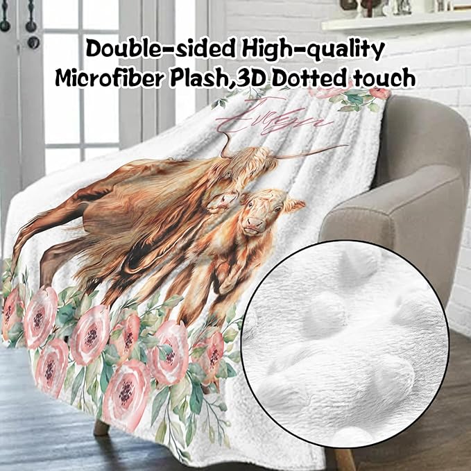 Custom Nursery Crib Bedding Set: Personalized Name 4 Piece Floral Highland Cow Design Baby Crib Sets for Girls - Toddler Double Layer Blanket Set, Comfortable Crib Bed Sheets for Baby Toddlers-CubbioJoy