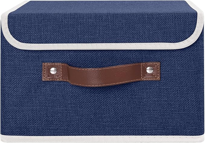 ANMINY Storage Bin with Lid Storage Boxes with PU Leather Handles PP Plastic Board Decorative Foldable Lidded Cotton Linen Fabric Home Cubes Baskets Closet Organizer Container - Blue, Small Size-CubbioJoy
