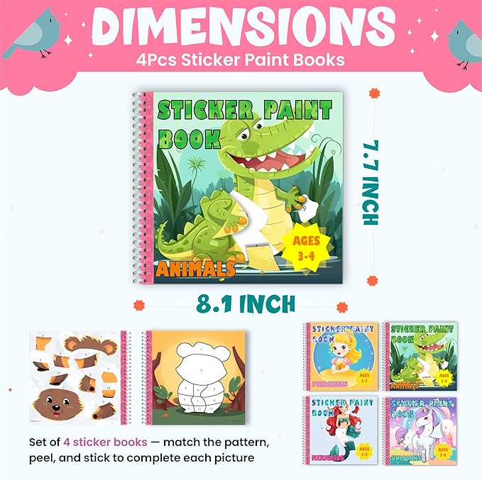 BulbaCraft 4Pcs Sticker Paint Books for Girls - Sticker Books by Number with Mermaids, Princesses, Animals and Unicorns - Coloring Activity for Kids-CubbioJoy