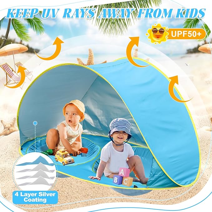Baby Beach Tent-2 Pools Pop Up UPF 50+ Sunshade with Carry Bag, Portable for Travel,Beach,Camping,Indoor-CubbioJoy
