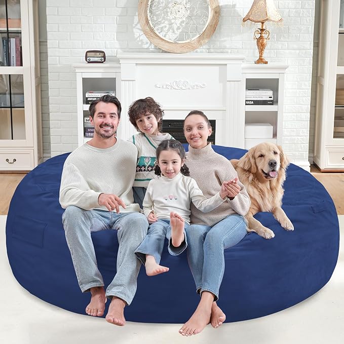 7FT Bean Bag Chair, Large Bean Bag Chairs with Memory Foam Filled, Fluffy Beanbag Sofa with Dutch Velvet Cover, Round BeanBag Chairs for Living Room, Playroom - Blue-CubbioJoy