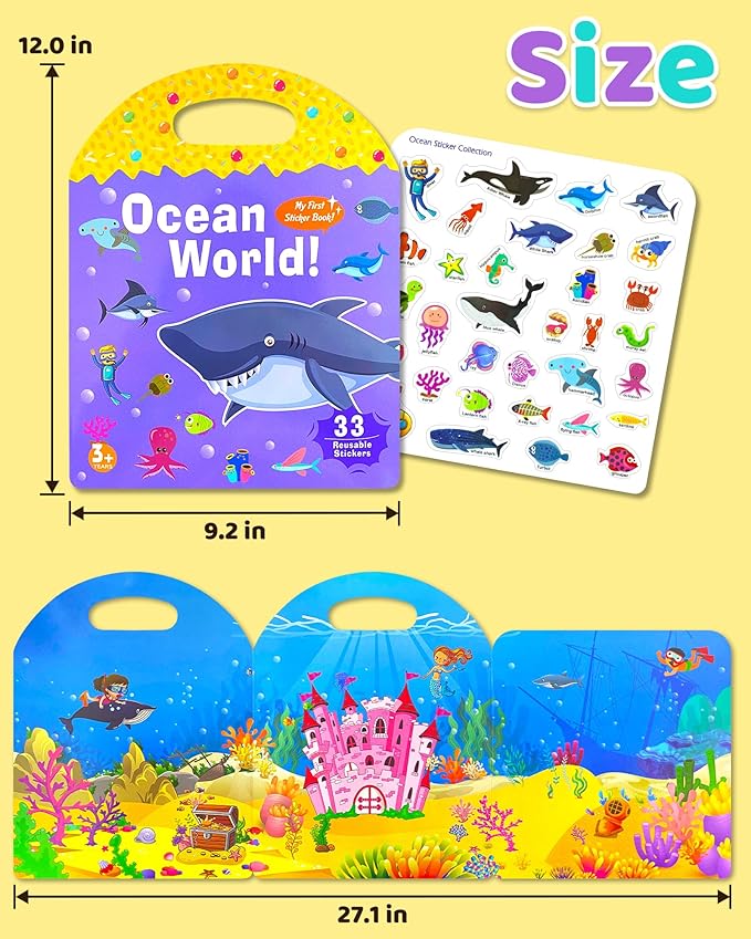 Benresive Reusable Sticker Book for Toddlers 2-4 Years, Fun Travel Stickers for Kids, Waterproof Sticker Books for Toddlers 1-3, Crafts Activities for Todddlers 1-3 2-4 3-5 - Ocean World-CubbioJoy