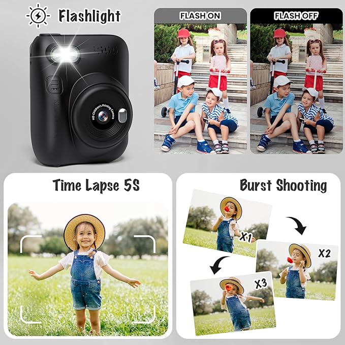 Instant Print Camera for Kids, 3.0" HD 1080P Digital Video Cameras with 3 Rolls of Printer Paper for Toddler, Birthday Gifts Toy for Girls Boys with 32GB SD Card (3.0 Style, Black)-CubbioJoy
