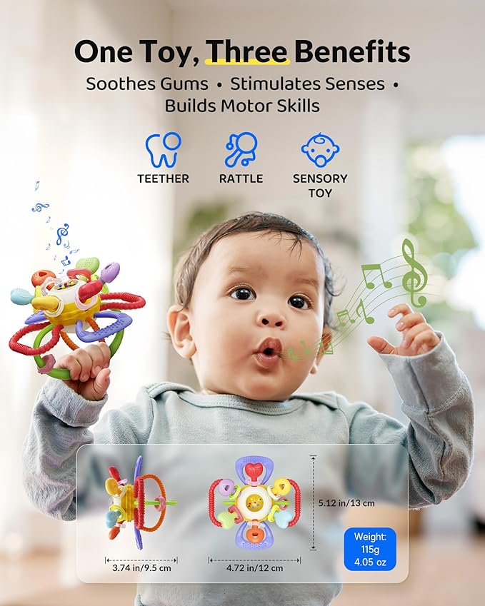 Baby Montessori Sensory Teething Toy – Safe, Multi-Functional BPA-Free Silicone Teether Toy for Babies 0-12 Months – Vibrant Rattle for Teething Relief & Fun Play – Perfect Baby Toys for Boys & Girls-CubbioJoy