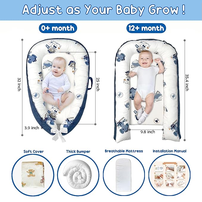 Baby Lounger - Baby Lounger for Newborn 0-24 Months, Breathable, Soft Cotton Baby Nest, Portable Infant Lounger for Home & Travel, Newborn Essentials Gift (Blue Elephant)-CubbioJoy