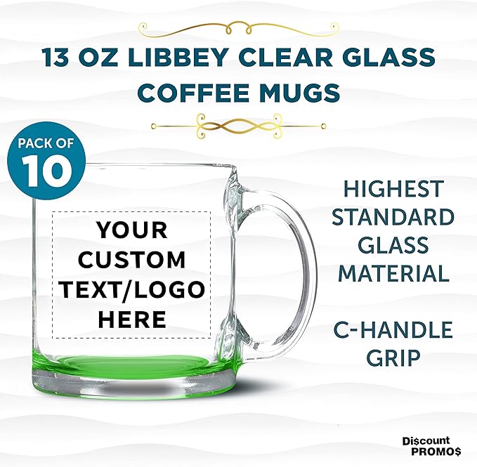 Custom Libbey Clear Glass Coffee Mugs 13 oz. Set of 10, Personalized Bulk Pack - Perfect for Coffee, Tea, Espresso, Hot Cocoa, Other Beverages - Green Bottom-CubbioJoy