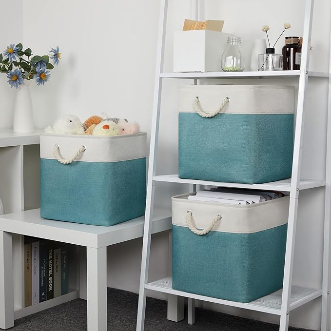 Bidtakay Fabric Baskets for Closets Shelves Lined Set of 3 Large Square Collapsible Storage Bins for Organizing 13 X 13 Cube Storage Bins for Pantry Organization Storage(Teal Blue)-CubbioJoy