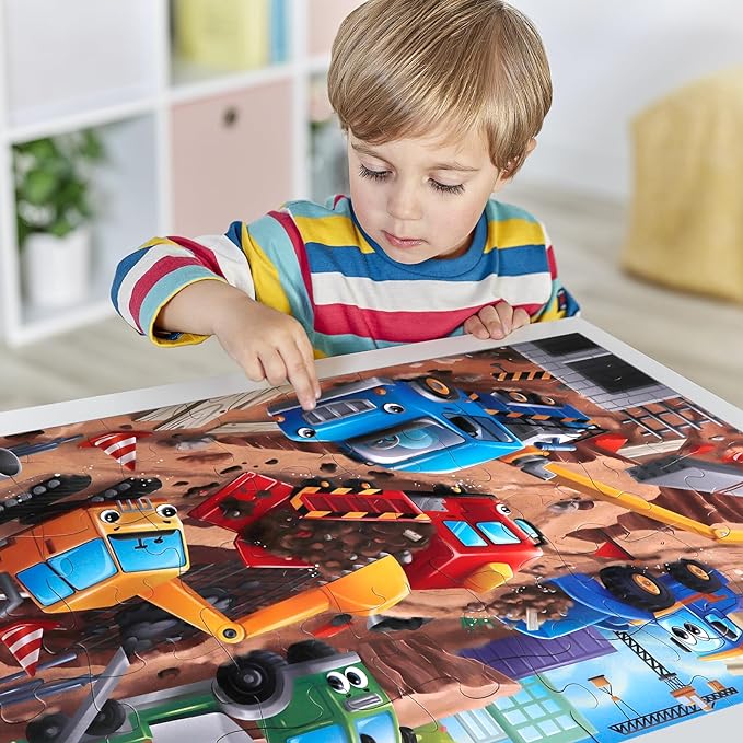 Jumbo Floor Puzzle for Kids,Construction Site Jigsaw Large Puzzles,48 Piece Construction Vehicle Puzzle for Toddler Ages 3-5,Children Learning Preschool Educational Toys,Gift for 4-8 Years Old-CubbioJoy