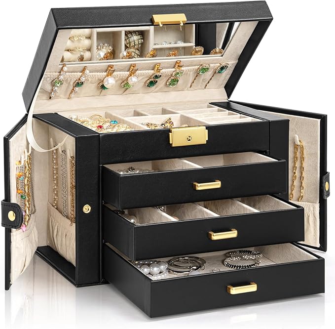 AKOZLIN Large 4-Tier Jewelry Box Leather Jewelry Storage Organizer with 3 Drawers Lockable for Women Girls Ring Necklace Earring Bracelet Watches Holder with Mirror Black-CubbioJoy