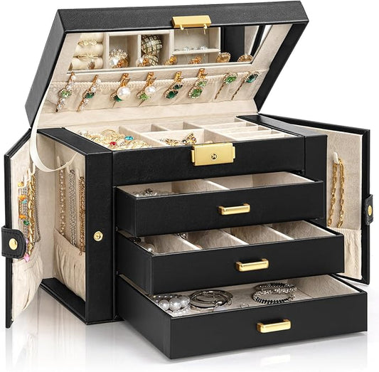 AKOZLIN Large 4-Tier Jewelry Box Leather Jewelry Storage Organizer with 3 Drawers Lockable for Women Girls Ring Necklace Earring Bracelet Watches Holder with Mirror Black-CubbioJoy