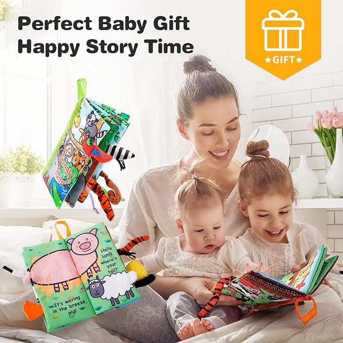 Jollybaby 2 PCS Sensory Touch and Feel Crinkle Books for Baby 0-6 Months, Jungle Farm Tails Montessori Car Set Toys for Tummy Time Newborn 6-12, Soft Fabric Cloth Books for Infant 1 Year Old Gift-CubbioJoy