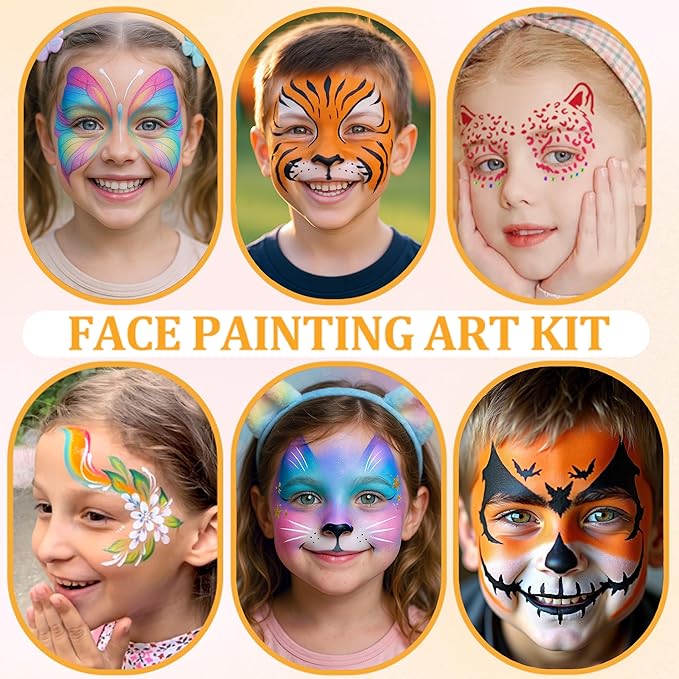 42 Color Face Painting Kit for Kids-Non Toxic Water Activated Face Paint Palette with 16 Crayons,6 Reusable & 63 Sticky Stencils,Brushes,Gems.Ideal Choice for Carnival,Halloween,Parties,Makeup etc.-CubbioJoy