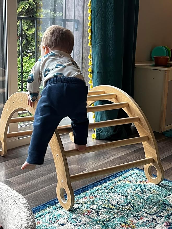 Asweets Pikler Triangle Set, 5 in 1 Foldable Montessori Climbing Set with Ramp, Baby Climbing Toys for Indoor Playground, Jungle Gym for Kids with Arch Climber, Rocker, Suitable for Toddlers-CubbioJoy