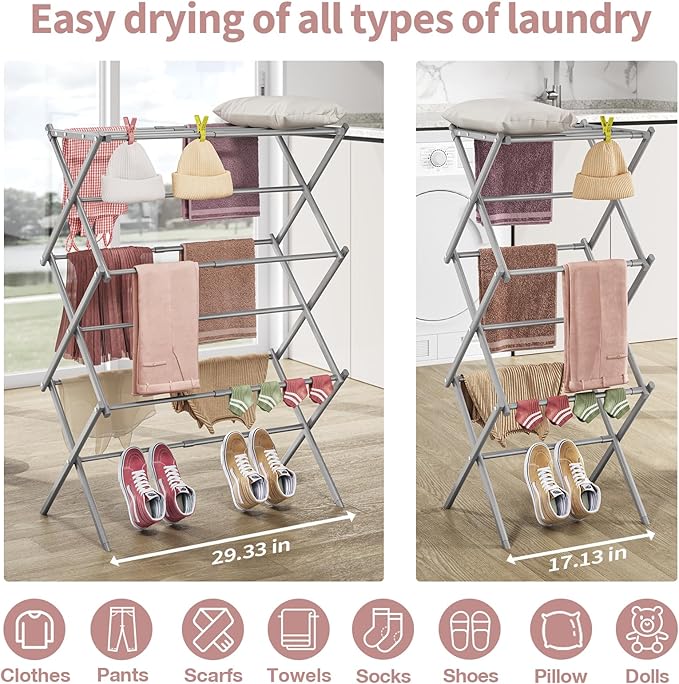 APEXCHASER Clothes Drying Rack, 3-Tier Laundry Drying Rack for Clothes, Expandable Metal Clothing Dryer, Collapsible Towel Rack, Air Drying Rack, Grey-CubbioJoy