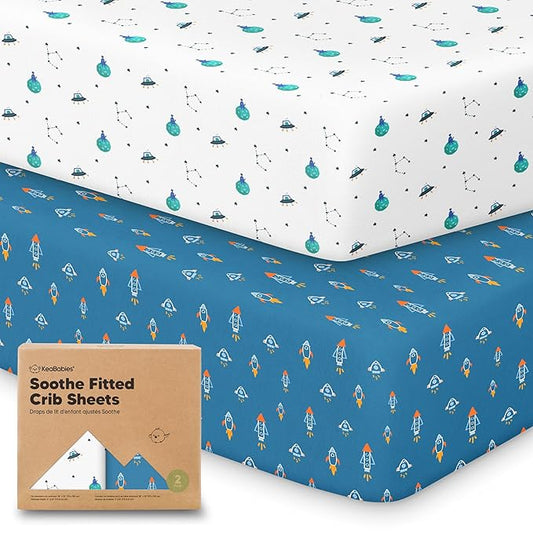 KeaBabies 2-Pack Organic Crib Sheets for Boys, Girls - 52x28 Fitted Crib Mattress Sheet Neutral, Breathable Jersey Cotton Cover for Baby Bed, Toddler Mattress, Soft & Cute Prints (Space Quest)-CubbioJoy