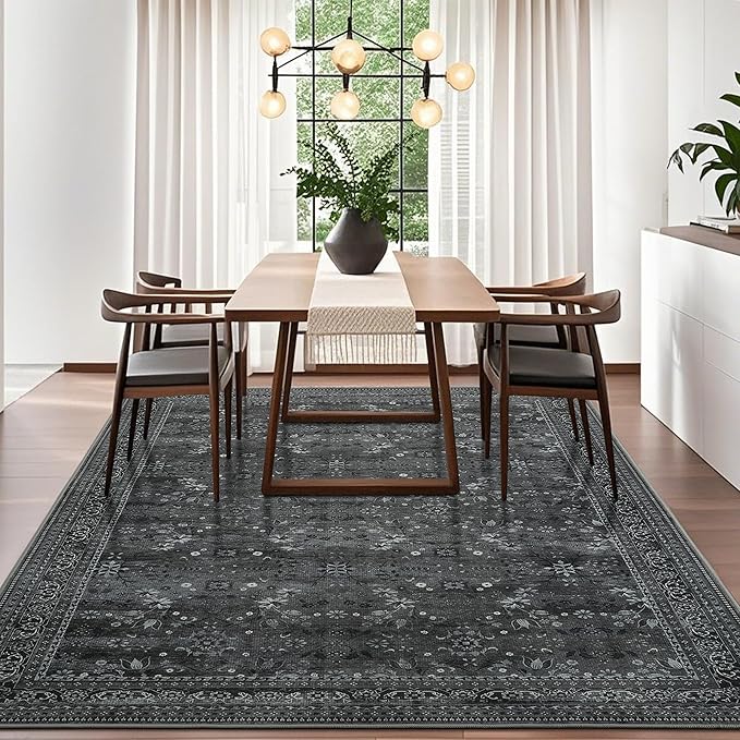5x7 Machine Washable Area Rug for Living Room Bedroom, Vintage Kitchen Rugs Non Slip, Traditional Indoor Floor Floral Print Carpet for Dining Room, Farmhouse, Office Classroom Black/Gray-CubbioJoy