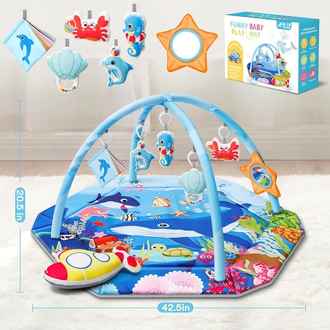 Baby Gym Play Mat, 8-in-1 Ocean Theme Tummy Time Mat & Ball Pit, Washable Baby Activity Play Mat for Visual, Hearing, Sensory, Motor Development, Baby Toys Gift for Toddler Infant 0-3-6-9-12-18 Months-CubbioJoy