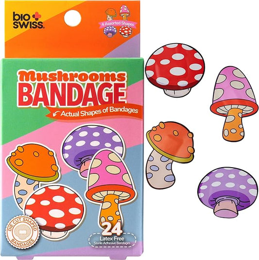 BioSwiss Bandages, Mushroom Shaped Self Adhesive Bandage, Latex Free Sterile Wound Care, Fun First Aid Kit Supplies for Kids and Adults, 24 Count-CubbioJoy