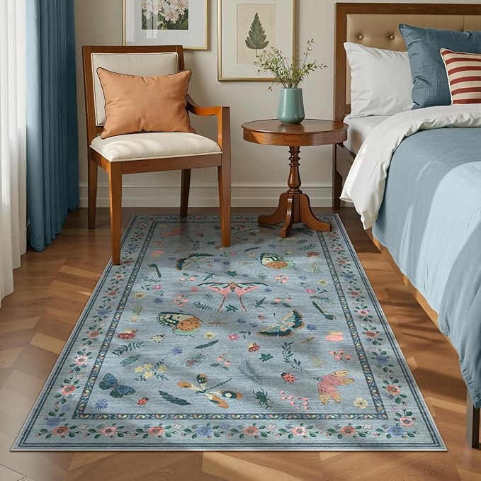 3x5 Washabl Rug with Insect Print - Bug Rug Non-Shedding Stain Resistant Soft Small Carpet for Bedroom, Low Pile Ultra-Thin Machine Washable Carpet for Nursery,Entrance, Office (3'x5' Blue)-CubbioJoy