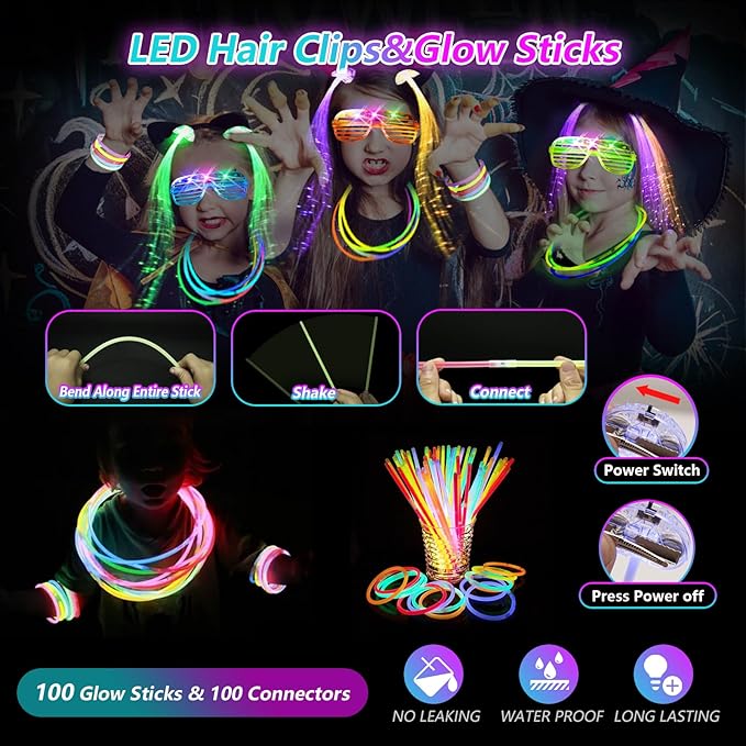 148 PCS Glow in the Dark Party Supplies, 16PCS Foam Glow Sticks, 16PCS LED Glasses,100PCS Glow Sticks Bracelets and 16Pcs LED Hair Clips Fiber Optic for Glow Party, Wedding, Halloween Party-CubbioJoy